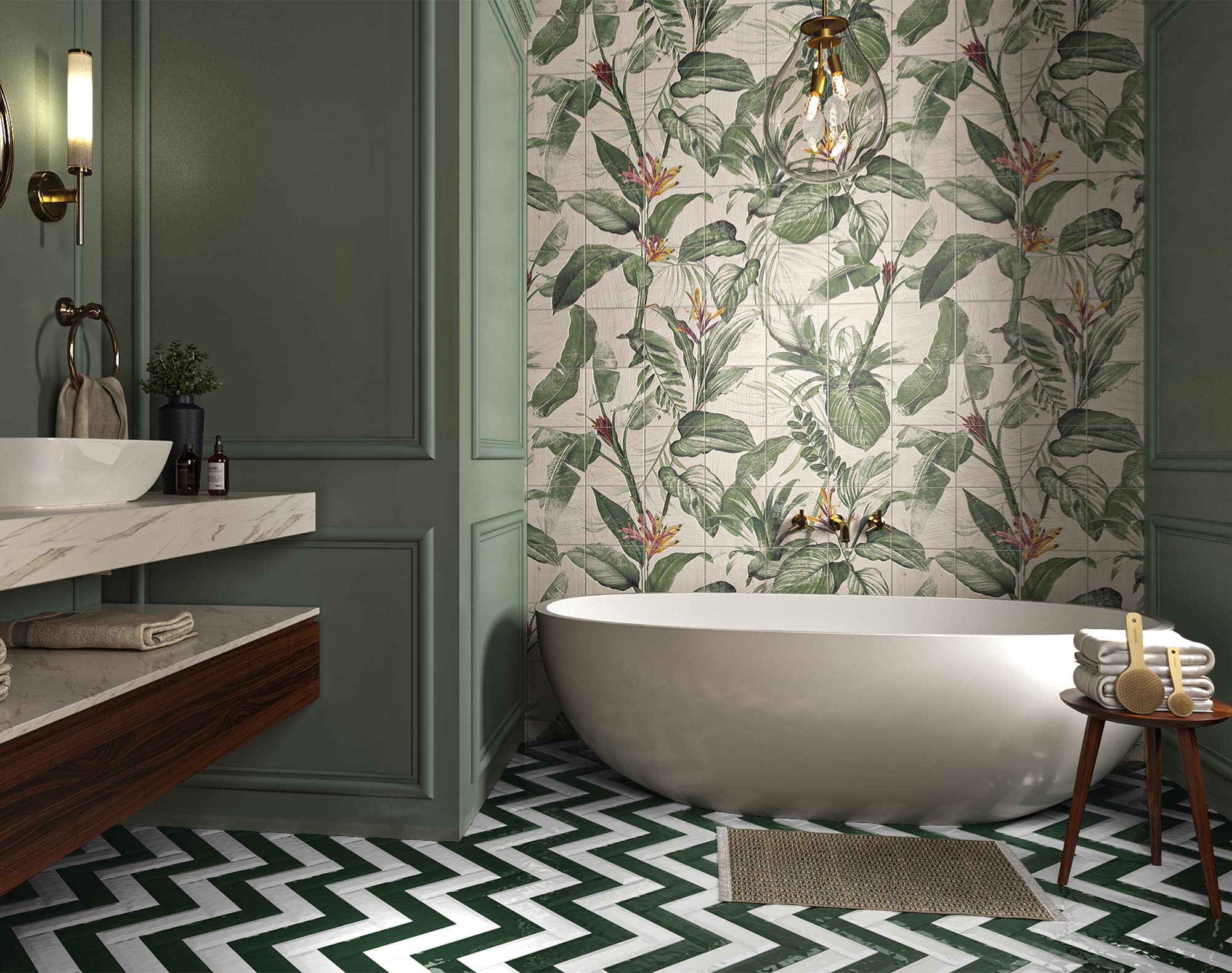White free standing bath in front of botanical print wallpaper.